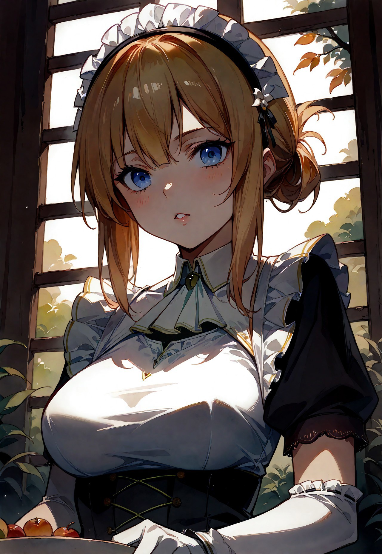 score_9, score_8_up, score_7_up, score_6_up, zPDXL3, source_anime, Risa, portrait, Noir maid outfit, Noir maid headdress, Noir maid gloves, forests, colorful, watercolor \(medium\), traditional media