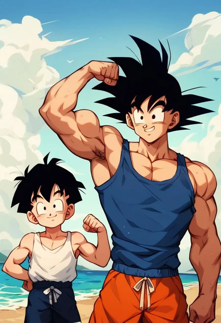 ASCIIscore_9, score_8_up, score_7_up ,score_6_up, draw 2boys at the beach, training, male focus, Goku, perfect face:02, big smile, black hair, spiky hair, flexing, Gohan, perfect face:02, big smile, black hair, happy, black eyes, detailed, in focus face, masterpiece, father and son, age difference, size difference, tank top, swim trunks, looking at viewer