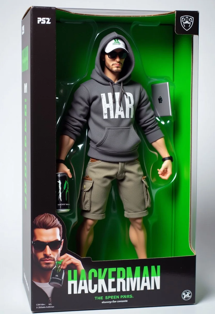 The image is a photograph of a boxed action figure from the "Hackerman" line, featuring a character named Hacker Man. The action figure is displayed in a black and green packaging that includes a black cardboard backing. The figure itself is dressed in a hoodie and cargo shorts. He is holding a laptop in one hand and an energy drink can in the other.