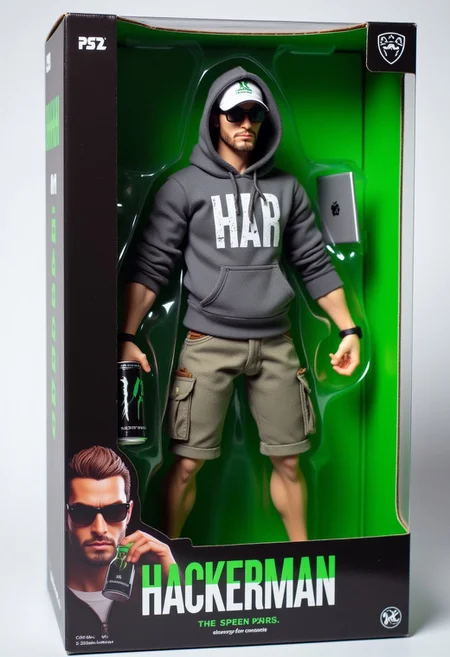 The image is a photograph of a boxed action figure from the "Hackerman" line, featuring a character named Hacker Man. The action figure is displayed in a black and green packaging that includes a black cardboard backing. The figure itself is dressed in a hoodie and cargo shorts. He is holding a laptop in one hand and an energy drink can in the other.