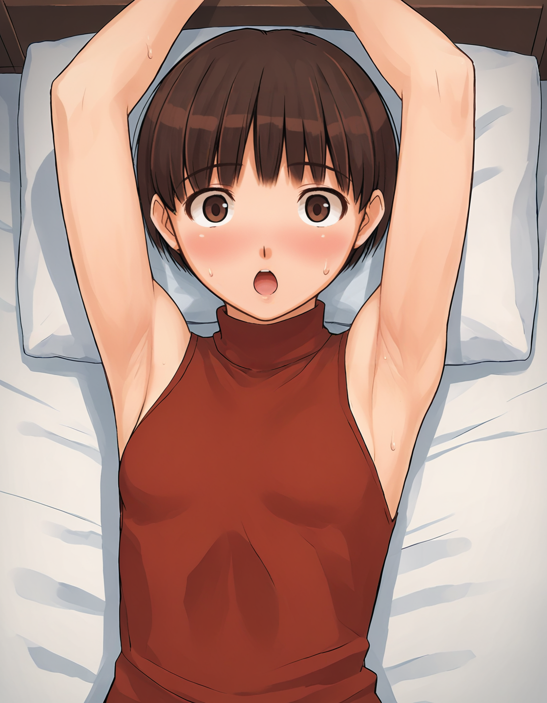 score_9, score_8_up, score_7_up, score_6_up, score_5_up, score_4_up, <lora:NarumiS_T1V0:0.85>, <lora:sdxl_lightning_8step_lora:1>,
source_anime, 1girl, solo,
NarumiS_T1V0, brown hair, short hair, brown eyes, small breasts, 
red sweater, turtleneck sweater, sleeveless, 
lying, on back, arms up, armpits, 
looking at viewer, blush, sweat, steaming body, surprised, open mouth, :o, 
indoors, bedroom, bed, upper body,