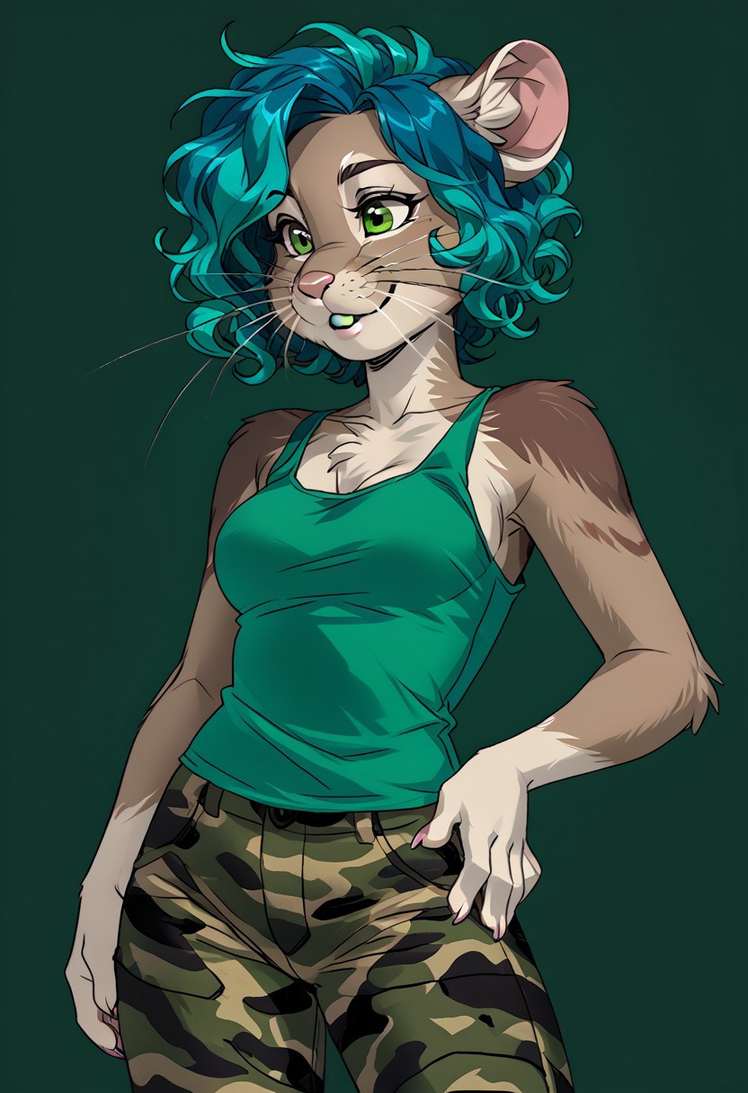 score_9, score_8_up, score_7_up, (by jailbird:1.5), (by kittydee:1.5), (by zummeng:1.5), masterpiece, best quality, (solo),
(Furry Art: anthro: ili pika:1.5), 1girl, expressive eyes, feminine eyes, <lora:beautiful_detailed_eyes:1>, perfect face, rodent, rounded ears, brown fur, whiskers, tailless, green eyes, (light blue hair:1.5), (dark green inner hair:1.3), (short hair), (wavy hair), medium breasts, (military camouflage pants:1.5), (green tank top:1.5),