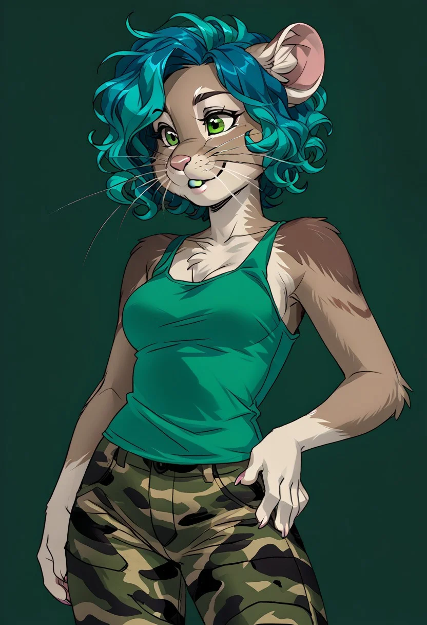 score_9, score_8_up, score_7_up, (by jailbird:1.5), (by kittydee:1.5), (by zummeng:1.5), masterpiece, best quality, (solo),
(Furry Art: anthro: ili pika:1.5), 1girl, expressive eyes, feminine eyes, <lora:beautiful_detailed_eyes:1>, perfect face, rodent, rounded ears, brown fur, whiskers, tailless, green eyes, (light blue hair:1.5), (dark green inner hair:1.3), (short hair), (wavy hair), medium breasts, (military camouflage pants:1.5), (green tank top:1.5),