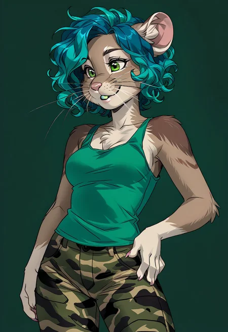 score_9, score_8_up, score_7_up, (by jailbird:1.5), (by kittydee:1.5), (by zummeng:1.5), masterpiece, best quality, (solo),
(Furry Art: anthro: ili pika:1.5), 1girl, expressive eyes, feminine eyes, <lora:beautiful_detailed_eyes:1>, perfect face, rodent, rounded ears, brown fur, whiskers, tailless, green eyes, (light blue hair:1.5), (dark green inner hair:1.3), (short hair), (wavy hair), medium breasts, (military camouflage pants:1.5), (green tank top:1.5),