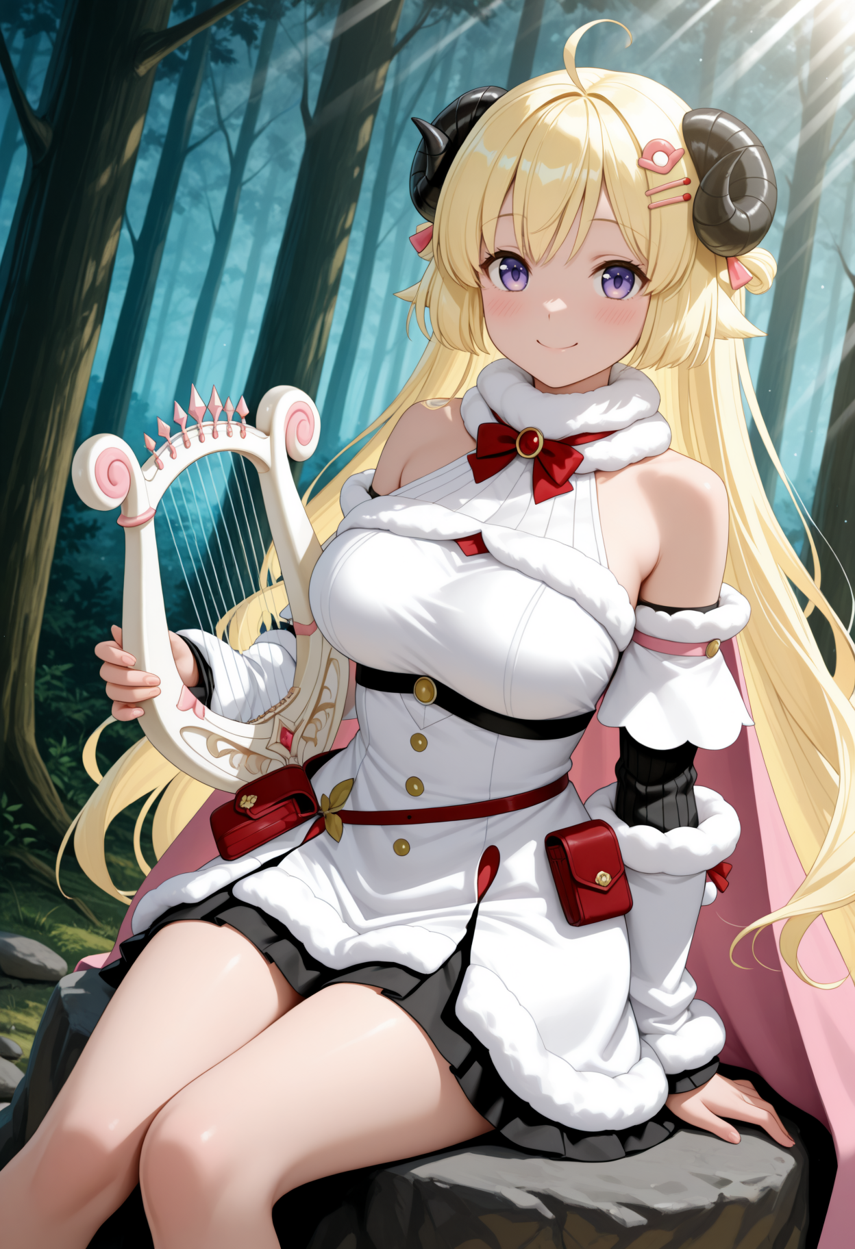 masterpiece, best quality, 1girl, solo, W4tameDef, horns, blonde hair, purple eyes, very long hair, ahoge, hair ornament, white fur-trimmed dress, short dress, red bowtie, detached sleeves, layered sleeves, pouch, bare shoulders, fur-trimmed cape, pink cape, smile, holding harp, outdoors, sitting on rock, forest, blush, dutch angle, light rays, looking at viewer,  <lora:ChamTsunomakiWatameNoob:1>