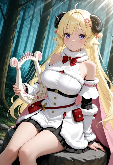 masterpiece, best quality, 1girl, solo, W4tameDef, horns, blonde hair, purple eyes, very long hair, ahoge, hair ornament, white fur-trimmed dress, short dress, red bowtie, detached sleeves, layered sleeves, pouch, bare shoulders, fur-trimmed cape, pink cape, smile, holding harp, outdoors, sitting on rock, forest, blush, dutch angle, light rays, looking at viewer, <lora:ChamTsunomakiWatameNoob:1>