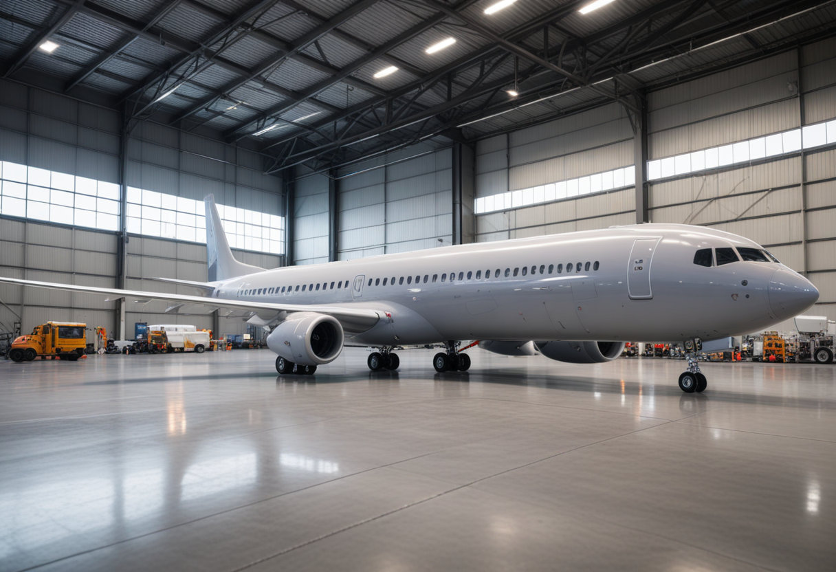 (medium full shot) of (advanced expansive gray airplane) with reinforced-plastic fuselage, propeller engines, wide wingspan, LED lighting, set in  parked in a modern hangar, with state-of-the-art facilities surrounding it, Masterpiece,best quality, photo, realistic, very aesthetic,