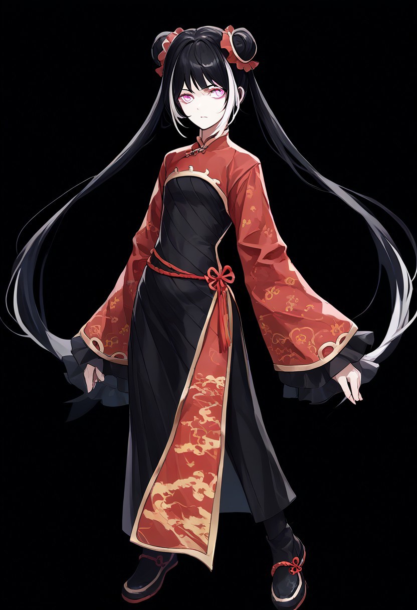 score_9, score_8_up, score_7_up, score_6_up, score_5_up, score_4_up, source_anime, solo, 1girl, 
JiaXichunLimbus, long hair, twintails, multicolored hair, black hair, white hair, double bun, pink eyes, chinese clothes, black clothes, black footwear, china dress, 
masterpiece, best quality, very aesthetic, absurdres,