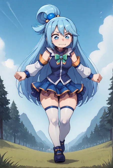 score9, score_8_up, score_7_up, 1girl, solo, full body, <lora:konosuba-aqua-ponyxl-lora-nochekaiser:1> aqua, long hair, blue eyes, hair ornament, very long hair, blue hair, hair rings, single hair ring, hair bobbles, skirt, shirt, thighhighs, bare shoulders, detached sleeves, white thighhighs, blue skirt, blue shirt, green bow, <lora:concept_aquacrying_ponyXL:1> aquacrying, wavy mouth, closed mouth, tearing up, running, outdoors, trees, grass, blue sky, clouds <lora:Glorp_Bingo_Mega_Mix-000001:1> glorpbingomegamix1