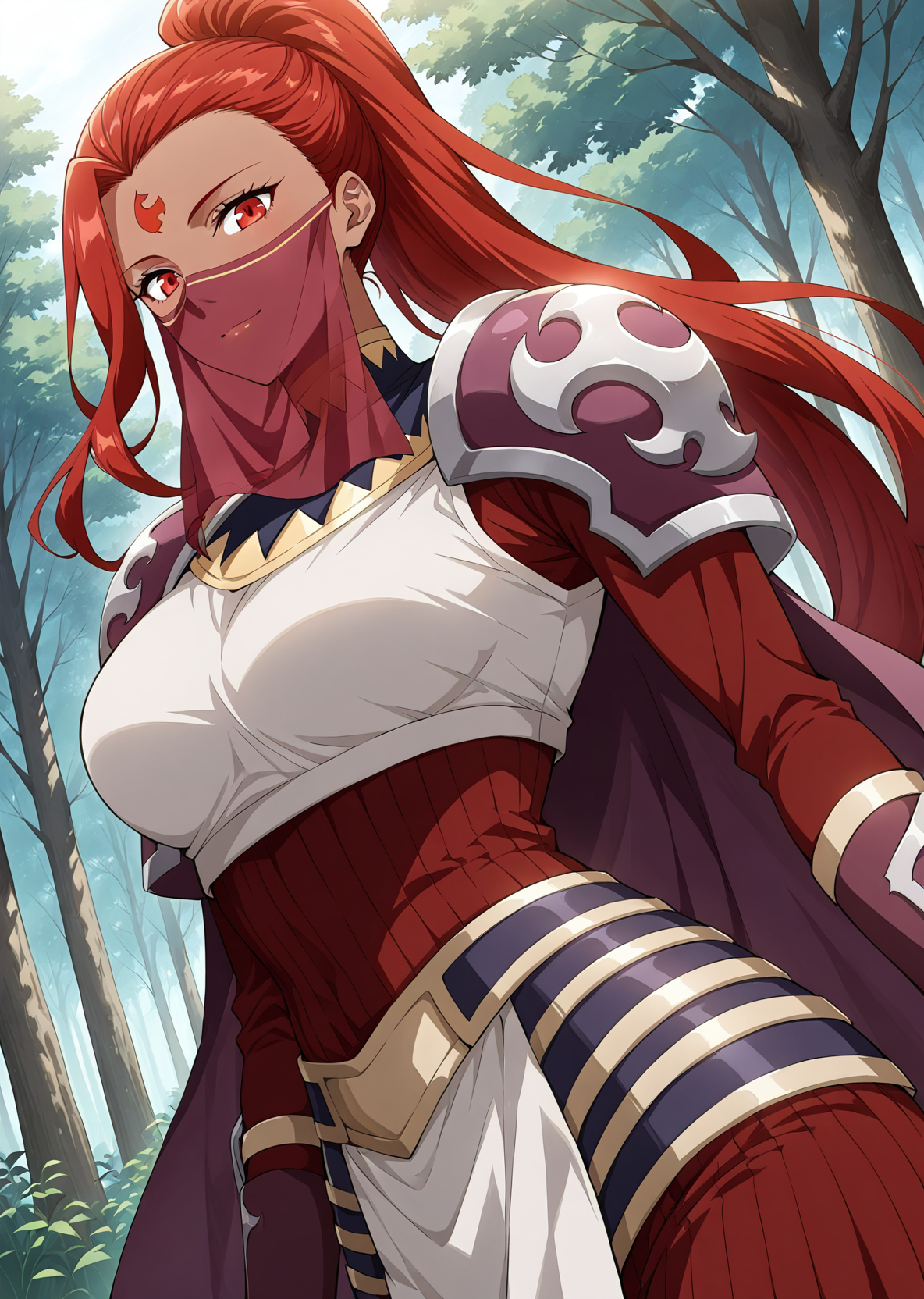 <lora:Huo_Zhi__Battle_Through_the_Heavens__Illustrious:1>
1 girl, solo, dark skin, dark-skinned female, red eyes, red hair, long hair, ponytail,
armor, shoulder armor, mouth veil, forehead mark, cape
score_9, score_8_up, score_7_up, very aesthetic, source_anime, detailed, high quality, beautiful, masterpiece, detailed eyes, forest, tree, ruins, cowboy shot, dynamic angle, upper body, light smile, dynamic pose