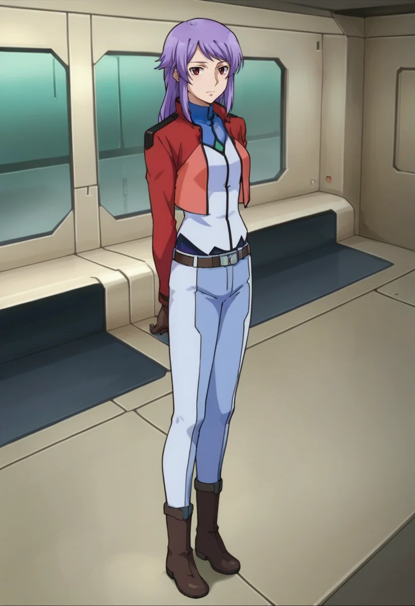 score_9,score_8_up,score_7_up,score_6_up,score_5_up,score_4_up,anime coloring BREAK source_anime,anime,<lora:Anew_Returner_Gundam_00_Pony:0.7>,anew,1girl,solo,red eyes,purple hair,long hair,cb uniform,cropped jacket,belt,blue pants,brown gloves,black boots,standing,arms behind back,indoors,spacecraft,looking_at_viewer,full body,