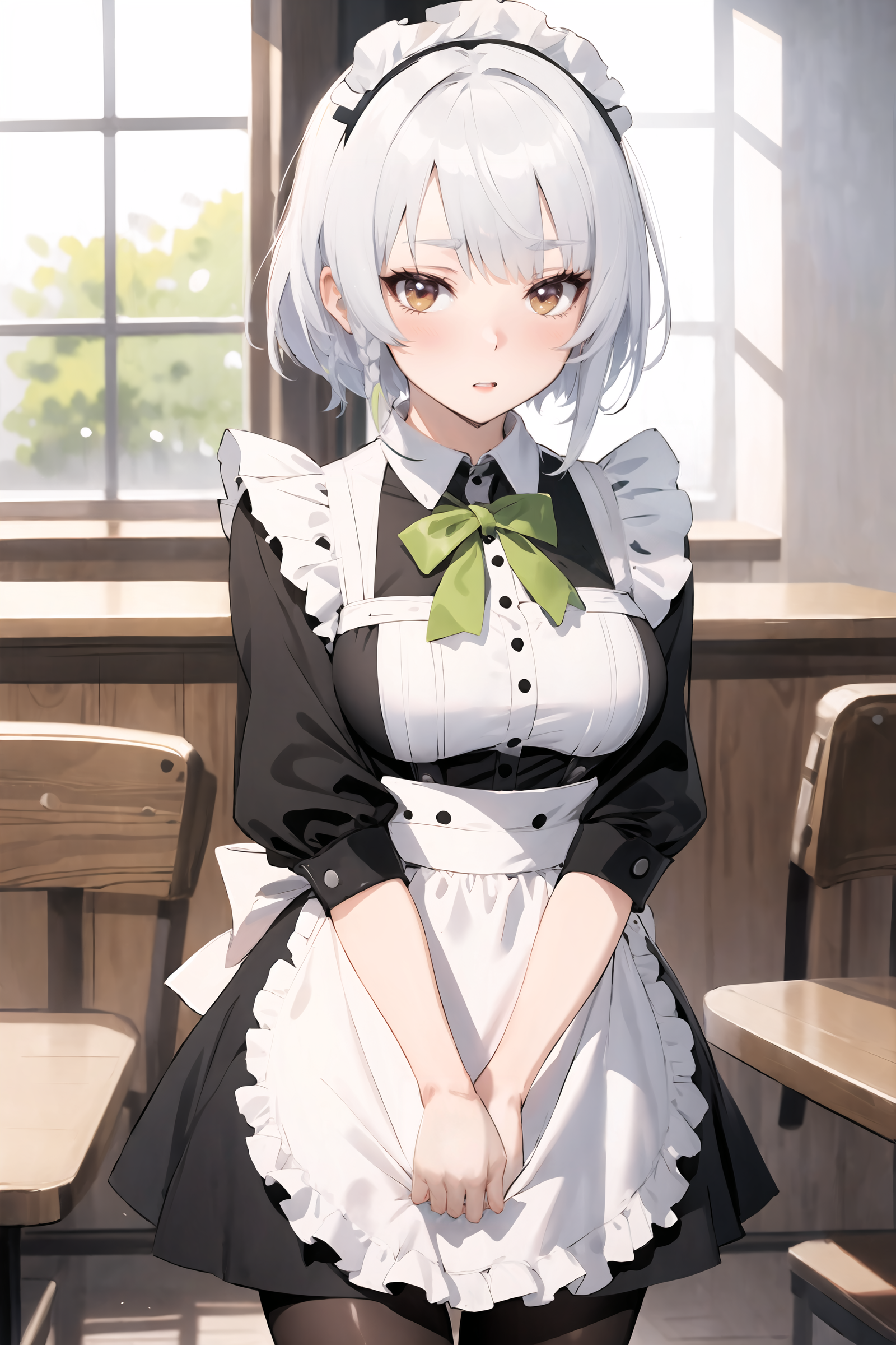 1girl, anby demara, solo, maid, maid headdress, maid apron, embarrassed, pantyhose, open mouth, blush, parted lips, looking at viewer, cowboy shot, bar \(place\), indoors, depth of field