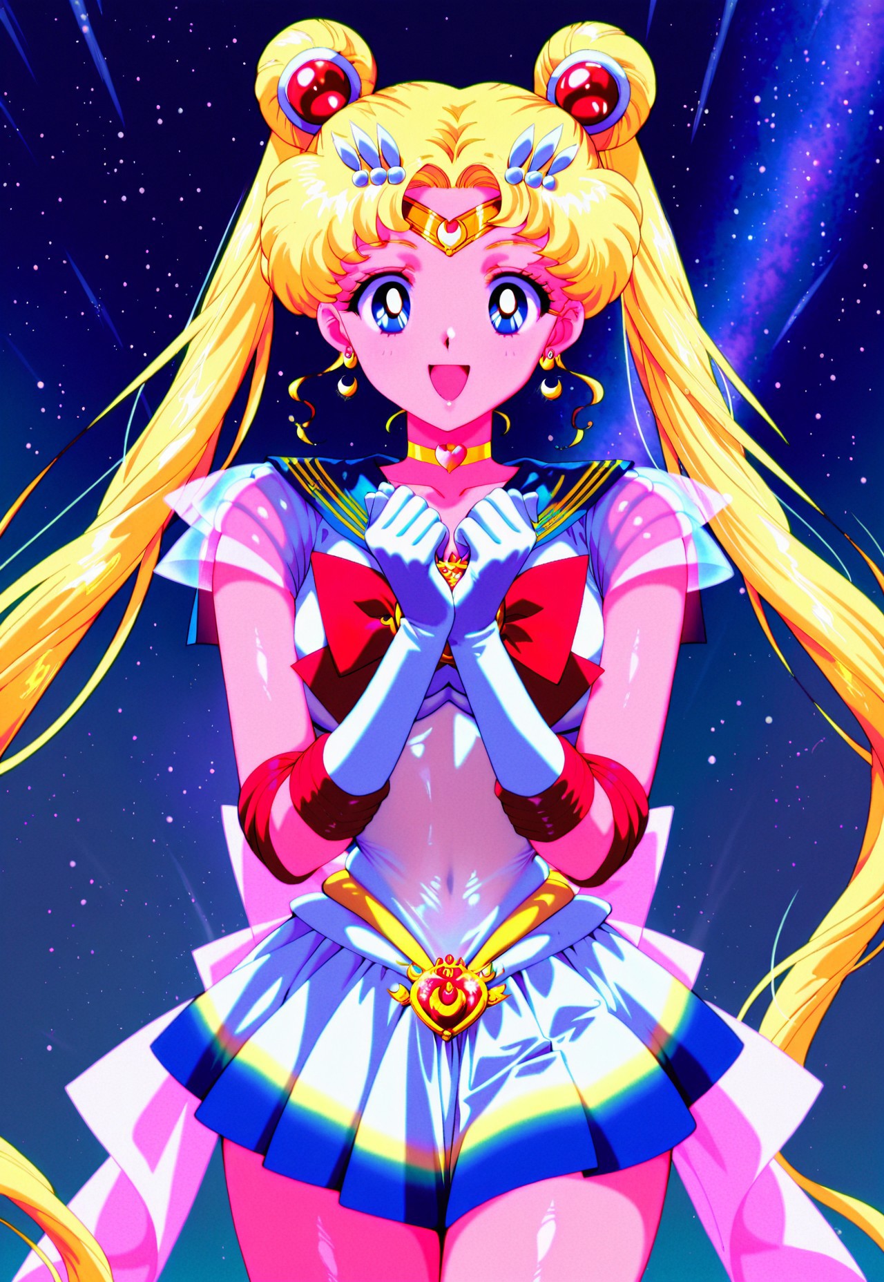 (1990s:0.3), (retro_artstyle:0.3),masterpiece,extremely detailed,best quality,amazing quality,newest,absurdres,highres, super detailed skin,1 girl, supersailormoon, twintails, circlet, earrings, heartchoker, white back bow ,gloves, miniskirt,, smile, open mouth. at_night, 