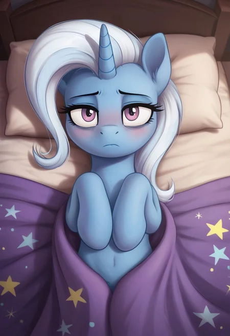 score_9, score_8_up, score_7_up, score_6_up, score_5_up, score_4_up, g4, solo, pony, trixie, morning mane, morning eyes, bags under the eyes, wide eyes, sad, blanket, bed, on back, look at you, bedroom, full body, look at you, blushing, cute, glare, high res,
