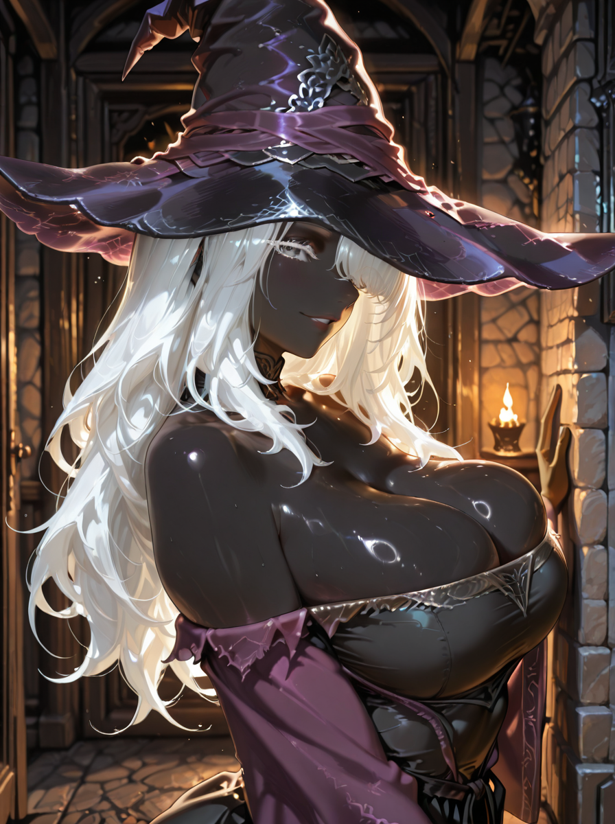 masterpiece, highres, ultrares, absurdres, best quality, ultra detailed face, Detailed teeth, ultra detailed eyes, ultra detail skin, ultra detail body, ultra detailed, amazing quality, very aesthetic, (hyper detailed features), portrait, sensitive, realistic, photograph, photorealistic, half body, (RecLUsE), (Elden Ring Nightreign), 1girl, solo, mature female, looking at viewer, grey eyes, parted lips, black skin, black headwear, colored eyelashes, white eyelashes, robe, bare shoulders, colored skin, white hair, long sleeves, long hair, witch hat, huge breasts, cleavage, wide sleeves, black dress, layered dress, two-tone dress, purple dress, off-shoulder dress, shiny skin, hair over one eye, nose, purple sleeves, standing, covered eyes, seductive smile, lips, full lips, <lora:RecluseillusApexAi:1>,  Close-up face, from side,