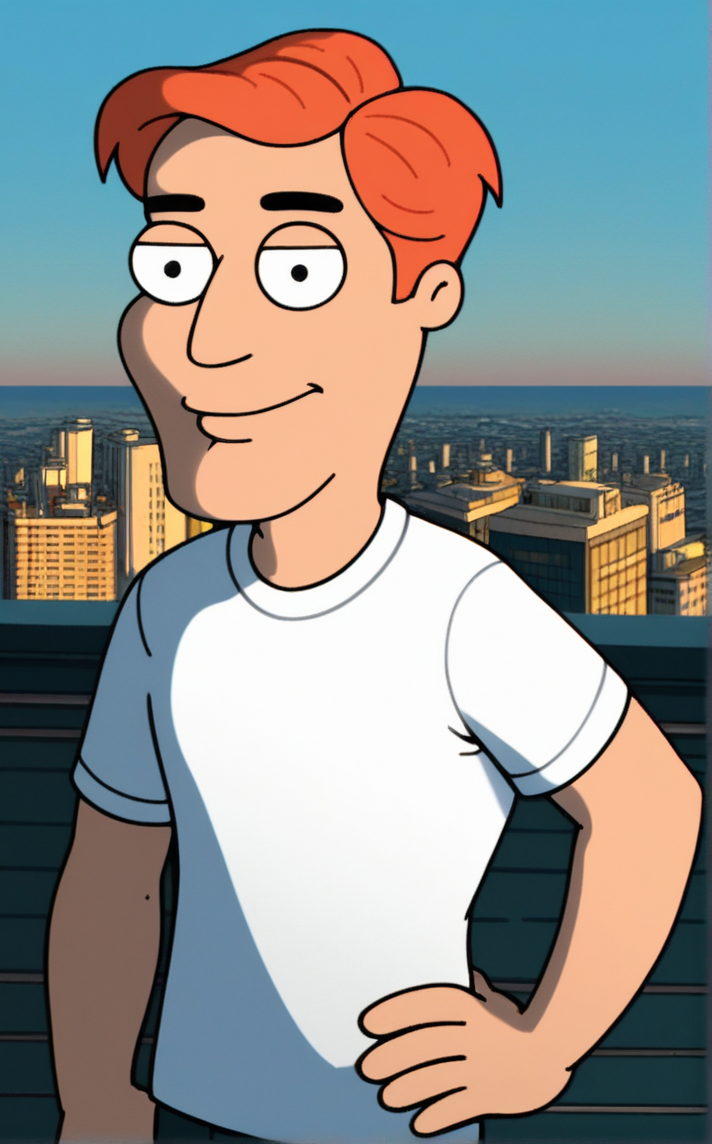 score_9, score_8_up, score_7_up, contrapposto, hand on hip, sunset, sidelighting, cityscape, vanishing point, outdoors, depth of field, solo, looking at viewer,   <lora:PONYXL_STYLE_FamilyGuyTV_ownwaifu:1>, BREAK Male_FamilyGuyTV_ownwaifu, flat color, parody, 1boy, male focus, short hair, shirt, <lora:Expressive_H:0.15> <lora:add-detail-xl:0.15>,  <lora:43stl1ght1ngXLP2:0.2>, 43stl1ght1ng, dramatic lighting,