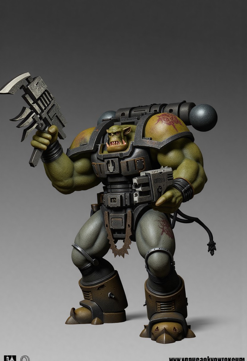 Score_9_up, absurdres, source: GamesWorkshop, grimdark, gothic horror, Warhammer 40000, a snarling ork is waving an axe in one hand and firing a machinegun in the other, lifelike, hyperrealism, perfect hands, perfect anatomy, project unreal engine