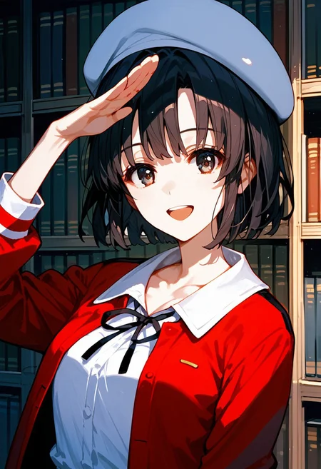 score_9,score_8_up,score_7_up,source_anime, katou megumi,1girl,solo,looking at viewer,smile,open mouth,hat,ribbon,collarbone,upper body,:d,neck ribbon,white headwear,beret,red jacket,bookshelf,salute,