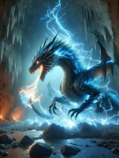 A dragon, ais-sparks, in its dark cave <lora:Sparks_Style_SDXL:1>