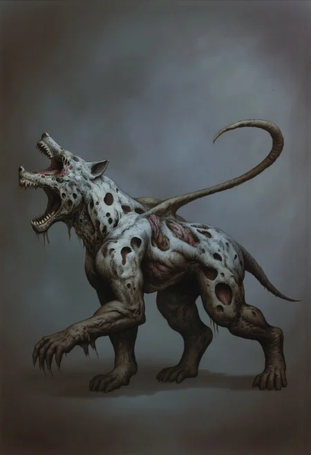aidmaMJ6.1, Made out of paper, a PaperStyle , d4artstyle, d4concept, , d00mstyle, made of clay, ZBClay model of a gray sculpture AmanoER
A monstrous, quadrupedal beast with a hulking, muscular frame, resembling a blend of wolf and bear with unnatural, twisted anatomy. Its skin is a sickly pale, marred by patches of raw, exposed flesh and scars that imply numerous battles or dark experiments. The creature’s head is elongated and wolf-like, with a powerful, open maw lined with jagged teeth, dripping with ferocity. Its eyes glow with an intense, soulless light, conveying a relentless, predatory nature. Powerful, clawed limbs support its body, each paw ending in thick, bony claws that dig into the ground. The back is lined with patchy fur, darkened and coarse, blending with areas of exposed, sinewy flesh. A long, whip-like tail trails behind, adding a sinister grace to its form. Surround it with a misty, desolate environment to emphasize its haunting and menacing presence.
Background solid color with a faded dimly lit, fog-covered darkness tone that emphasizes its silhouette. The medium is not a traditional painting or illustrative medium like watercolor or ink but rather a digital rendering, eerie and unsettling.