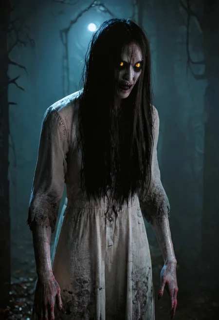 score_9, score_8_up, score_7_up, score_6_up, source_real, source_photo, a 3/4 three-quarters length portrait, WitcherToxinV1 , heavytoxin, veins, black veins, veins, 1girl, deadite woman , female deep one, valak, source_real, source_photo, in the style of the Exorcist movie, exorcist style, a possessed woman, bloodless lips, valak, Body horror, pale body, yellow eyes, long black hair, grey skin, black veins, monster, scary, paranormal, pale, black veins, long tangled black hair, teeth, hands on hips, front view, very pale skin, very pale grimy filthy skin, evil smile, demonic possession. Evil smile, a possessed woman,, yellow eyes, large breasts, hands by side, floating in mid-air, floating above ground, stained filthy white open old-fashioned stained filthy tattered nightgown, stained filthy basic Victorian nightgown, long nightgown,long sleeves, black pupils,  red lighting, bedroom with peeling wallpaper, horror, scary face, monstrous, evil, claws, red lighting, Expressiveh, g0thicPXL, glowing, neon,, zPDXL2, exorcist style