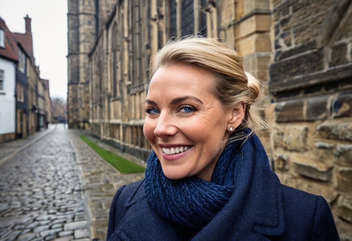 A hyper-detailed, high-resolution (8K) travel portrait of a 40-year-old woman with sleek blonde hair tied back,Her striking blue eyes, natural laugh lines, and subtle wrinkles give her a grounded, elegant charm **Olivia wears a deep navy wool pea coat, scarf loosely wrapped around her neck, as she walks along the ancient stone walls of York Minster. The background shows the cobbled streets and half-timbered buildings of The Shambles, with morning mist adding a soft glow to the scene.**