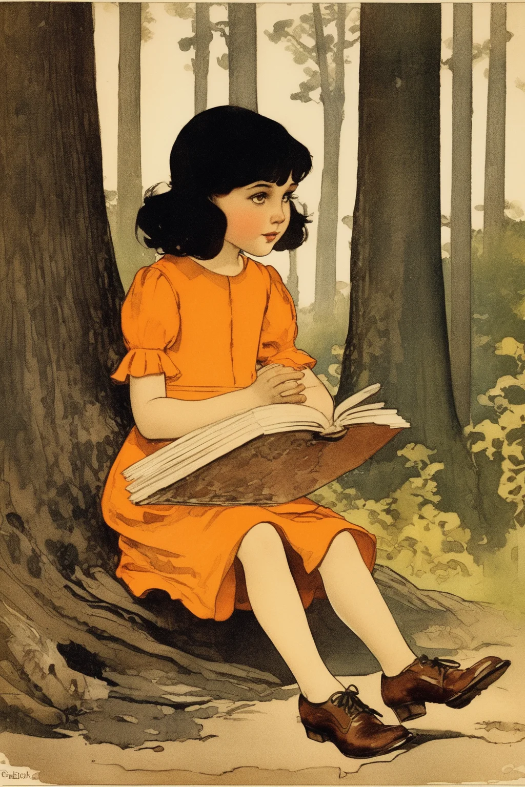 Jessie Willcox Smith Style - a girl of 8 years, black hair, orange dress, brown shoes, eyes shining with curiosity, close up, in forest, sit, sing out loud in style of Randolph Caldecott book illustration