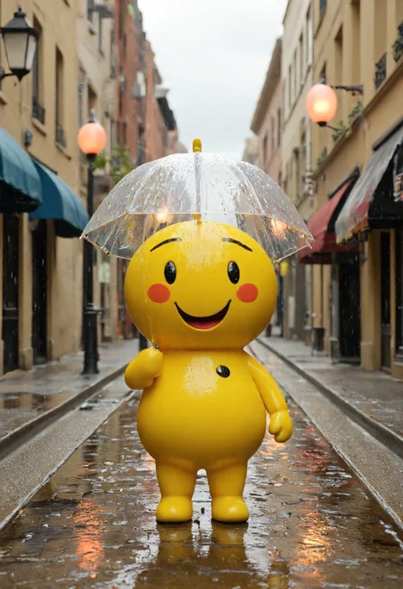 digitally rendered photograph featuring a cheerful, yellow, cartoon-like character standing in the middle of a wet street. The character has a round, smiling face with big eyes, a small nose, and a wide, open mouth. It has two small black buttons on its chest and red cheeks, giving it a cute, playful appearance. The character is holding a clear umbrella with a bright yellow handle, which is slightly tilted to one side. The ground around the character is wet, with raindrops still falling, creating small ripples around the characterâs feet. The background shows a narrow, cobblestone street lined with old, beige-colored buildings with large windows and blue awnings. Street lamps and red traffic lights are visible, casting a warm, inviting glow. The sky is overcast, and the rain creates a reflective, shiny surface on the wet street. The overall mood of the image is playful and whimsical, with a focus on the cheerful character standing in the rain. The image captures a moment of joy and resilience amidst a rainy day.,aidmaimageupgrader, aidmaMJ6.1 <lora:aidmaMJ6.1-FLUX-v0.5:0.7> <lora:aidmaImageUprader-FLUX-v0.3:0.4>