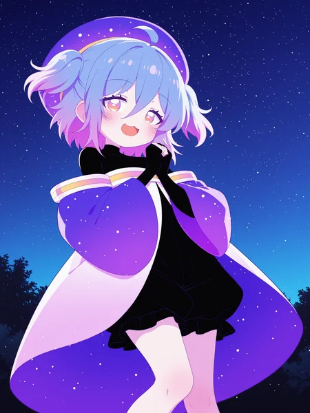 <lora:coco_euphorianic_illustrious:1>, coco \(euphorianic\), :3, flat chest, blue headwear, purple headwear, large hat, beret, starry sky print, purple eyes, orange eyes, yellow eyes, multicolored eyes, bright pupils, two-tone hair, gradient hair, short twintails, medium hair, ahoge, hair between eyes, bangs, looking at viewer, barefoot, moonlight, 
\(default\) black sweater, black bodysuit, black shirt, open robe, multicolored robe, turtleneck, multicolored clothes, open clothes, two-sided fabric, multicolored jacket, wide sleeves, sleeves past wrists, off shoulder, puffy long sleeves, detached sleeves, fingerless gloves, black gloves, black bloomers, open mouth, blush, outdoors, own hands together, night, happy, 
lazypos, standing,
masterpiece, best quality, amazing quality, very aesthetic, absurdres, newest <lora:spo_sdxl_10ep_4k-data_lora_webui:0.5><lora:cfg_scale_boost:0.5> volumetric lighting, pastel colors,