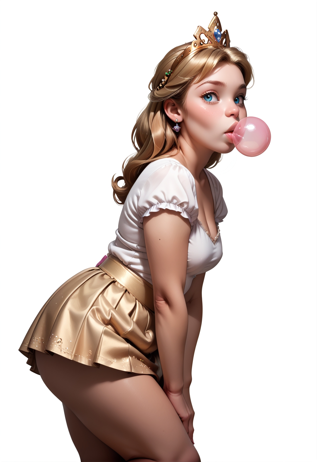 20005l34z3,445l34z3, <lora:princess_rc_pony_v2:.7> Princess Cinderella ((plump)) 23 year-old, simple background,(breasts:1.2)<lora:IndesleazeAAmerger:0.85> bubblegum, skirt, thong, bent over, ((score_9), score_8_up, score_7_up),score_6_up,score_4_up,score_5_up