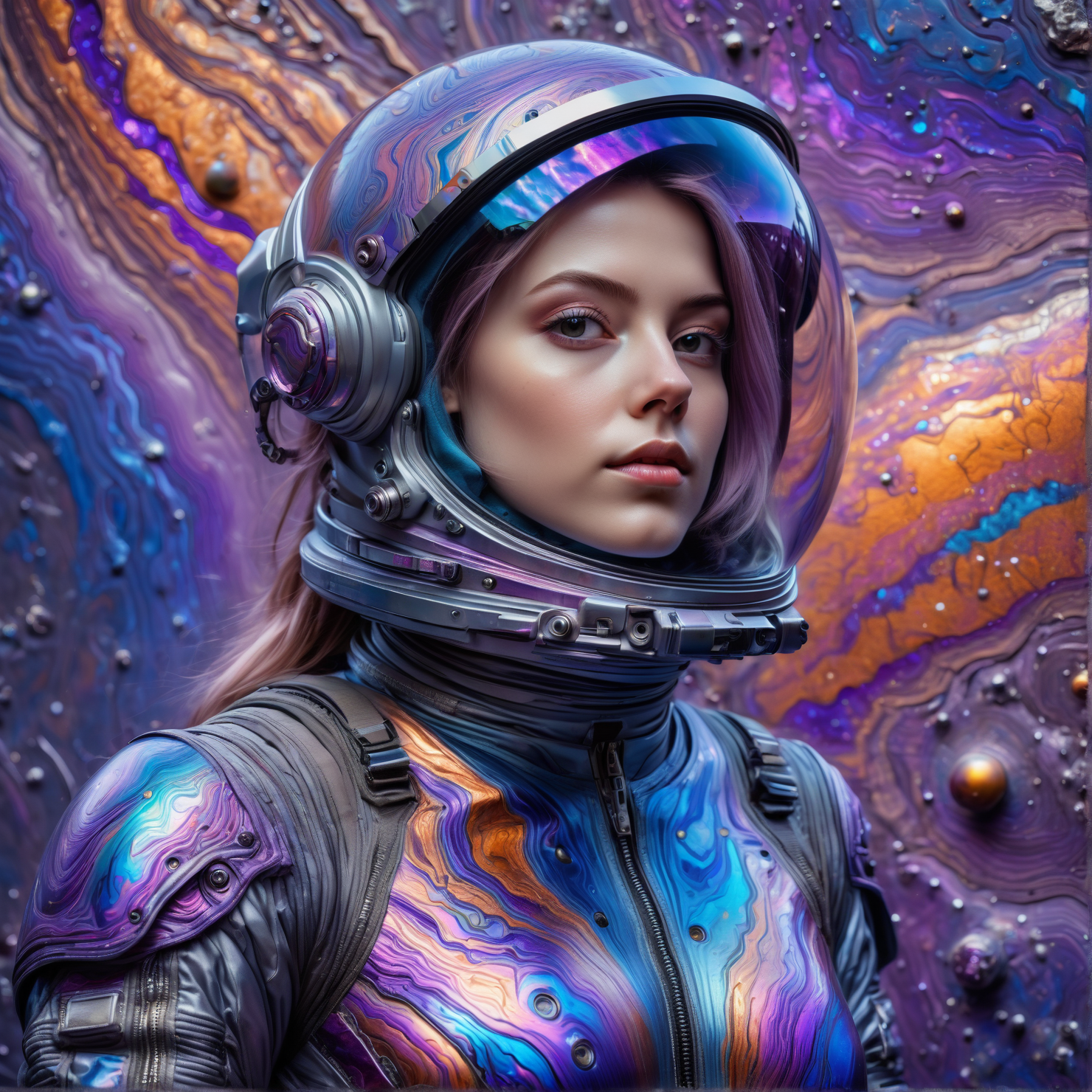 timascus style, realistic, realistic, a young woman in a spacesuit posing on timascus background,(SimplePositiveXLv2:0.6), <lora:Timascus_merge:0.8>