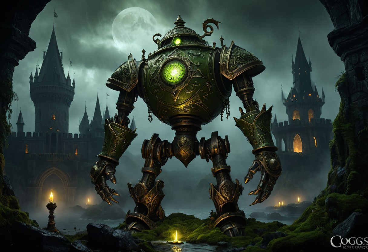 giant bipedal robot brass and olive green striped paint, bronze paisley robot. lacy robot metal. gem helmet head. outside of a steampunk keep. large detailed torso. dark image. one forty foot tall ancient robot with great arms and two heavy spring legs. dark foggy night background. $dark foggy night image only. dark photo realistic image. steampunk details. cogs, chains and pipes incorporated in the fantasy buildings. magic wizards tower in background. Dark swamp, moss, castle ruins, wizards tower. stormy dark night.  stormy sky.  rain
