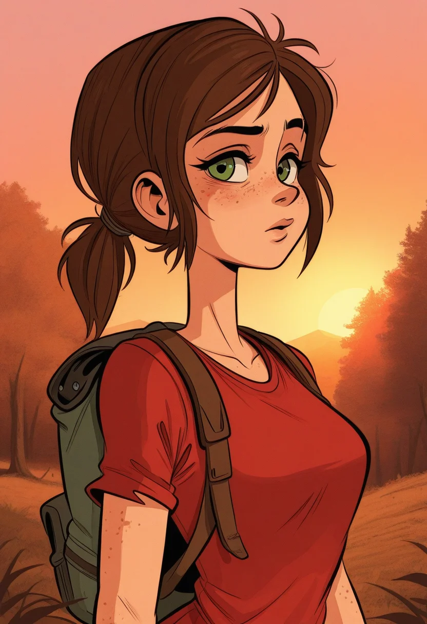 kricfalusistyle, masterpiece, best quality, solo, ellie\(the last of us\), green eyes, ponytail, freckles, eyebrow raised, wooded area, trees, backpack,, red shirt, sunset, warm colors,