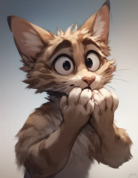 <lora:Jacato_Style_Pony:0.5> <lora:Jacato_-_Art_Style:0.5> Jacato
source_furry, furry cat, light brown fur, shocked, wide open eyes, paws covering mouth, whiskers, cat ears, gradient background , adult, score_9, score_8_up, score_7_up, score_6_up, score_5_up,