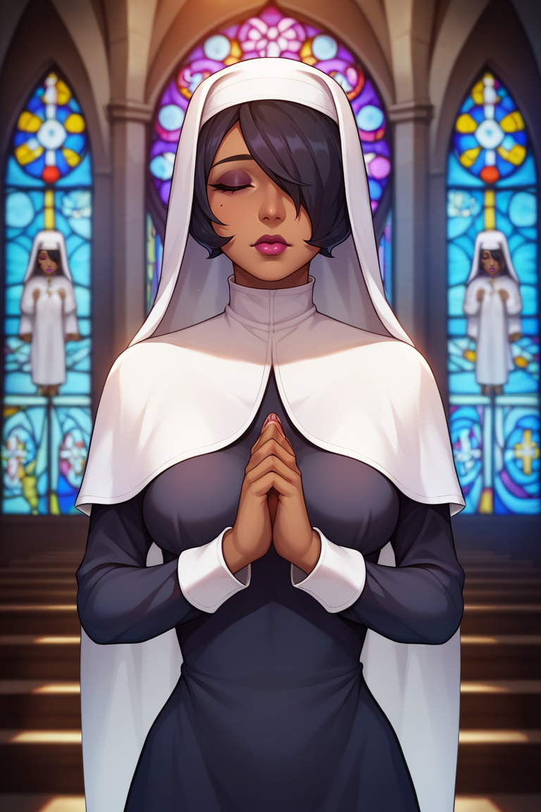 score_9, score_8_up, score_7_up, BREAK , 1girl, solo, looking at viewer, breasts, breasts, <lora:nishabl2-guy-v1PONYXL:.85>, nishabl2, lipstick, hair over one eye, makeup, dark skin, nun, church, indoors, stained glass, long dress, long sleeves, white capelet, coif, praying, closed eyes,