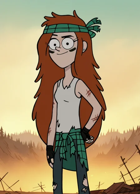 <lora:WendyCorduroyPony1.0:1>Wendy, 1girl, scratch mark, solo, long hair, headband, smile, fingerless gloves, orange hair, torn clothes, tank top, pants, jacket around waist, green shirt, earrings, clothes around waist, outdoors, very long hair, can, hand on hip, face paint, score_9, score_8_up, score_7_up, score_6_up, score_5_up, score_4_up looking at viewer,