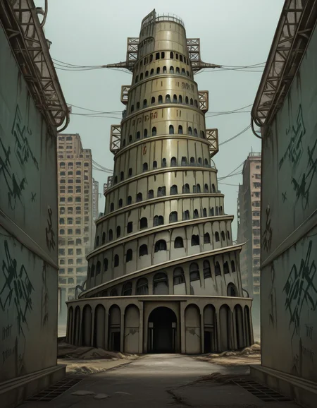<lora:Tower_of_Babel:1> tower of babel ,emblem, faded graffiti on rusted metal wall, dystopian post-apocalyptic vibe, cyberpunk influence, industrial textures, no text,masterpiece,best quality,amazing quality