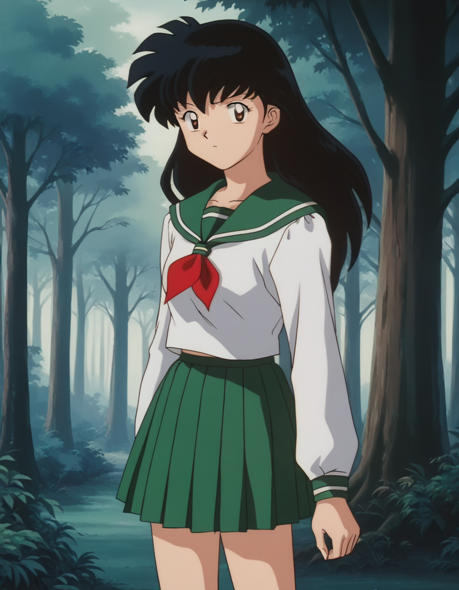 score_9, score_8_up, score_7_up, source_anime,
kagomehigurashi, <lora:kagome-higurashi-ponyxl-lora-nochekaiser:1>,
kagome higurashi, long hair, black hair, retro artstyle, brown eyes,
skirt, shirt, long sleeves, school uniform, white shirt, pleated skirt, serafuku, sailor collar, neckerchief, green skirt, red neckerchief,
outdoors, forest, nature,
looking at viewer,