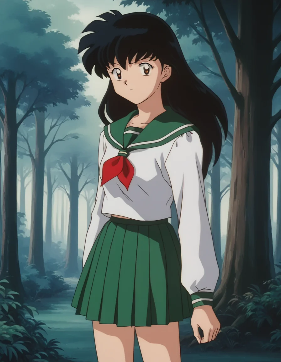 score_9, score_8_up, score_7_up, source_anime,
kagomehigurashi, <lora:kagome-higurashi-ponyxl-lora-nochekaiser:1>,
kagome higurashi, long hair, black hair, retro artstyle, brown eyes,
skirt, shirt, long sleeves, school uniform, white shirt, pleated skirt, serafuku, sailor collar, neckerchief, green skirt, red neckerchief,
outdoors, forest, nature,
looking at viewer,