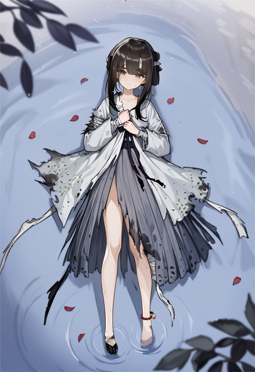1girl,michiho,solo,
from above, full body,
(rain),
grey eyes, black hair,standing,
wet,grey dress, bandages,torn clothes,hair ornament, bandaged leg, anklet, long sleeves, black footwear,
on back,(spread arms), lying on the lake,petals on liquid,ripples,
expressionless, sad,
masterpiece, best quality, very aesthetic, absurdres,
<lora:michiho-000004:0.95>