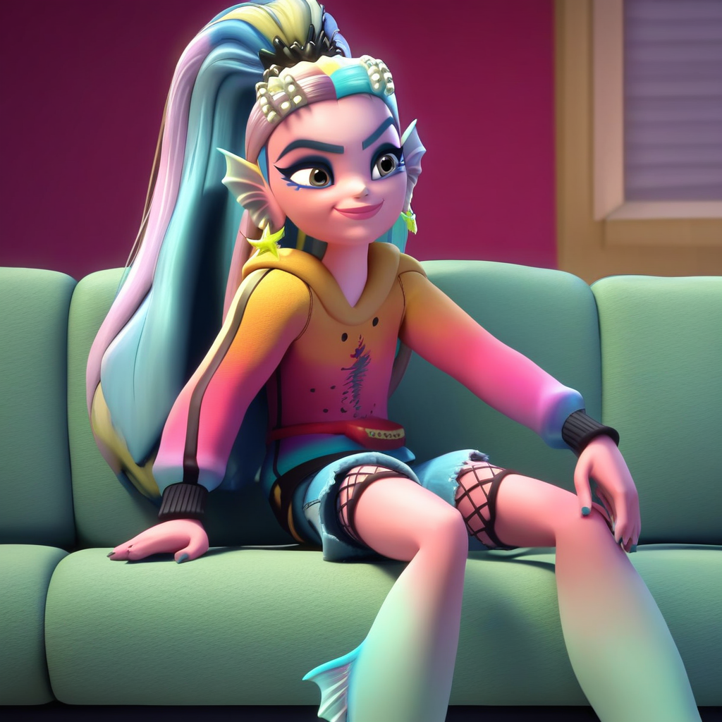 score_9, solo, lagoona_b, 1girl, long hair, ponytail, multicolored hair, eyeshadow, head fins, earrings, shorts, sitting, sofa, smirk,