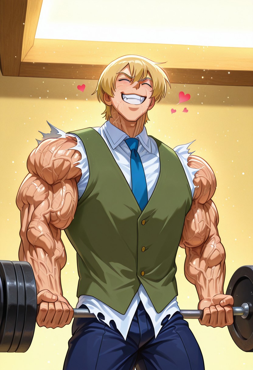 masterpiece, best quality, amazing quality, very aesthetic, absurdres, intricate details, five digits
, solo, 1boy, male focus, muscular male,clenched teeth, thick arms, weightlifting, exercise, veiny body, veiny arms, veiny neck, veiny face,
, <lora:nb-c_v2_IL-000025:1>,1boy, male focus, solo, closed eyes, smile, open mouth,heart emotes,anime, volumetric lighting, day, light particles,flexing,hulking out, muscular,torn clothes, roaring,hyper muscles growth, hyper muscles bigger, ThomhNorshtein, 1boy, male focus, solo, blue eyes, blonde hair, hair between eyes, shirt, white shirt, collared shirt, necktie, blue necktie, vest, green vest,