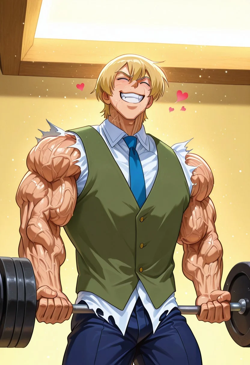masterpiece, best quality, amazing quality, very aesthetic, absurdres, intricate details, five digits
, solo, 1boy, male focus, muscular male,clenched teeth, thick arms, weightlifting, exercise, veiny body, veiny arms, veiny neck, veiny face,
, <lora:nb-c_v2_IL-000025:1>,1boy, male focus, solo, closed eyes, smile, open mouth,heart emotes,anime, volumetric lighting, day, light particles,flexing,hulking out, muscular,torn clothes, roaring,hyper muscles growth, hyper muscles bigger, ThomhNorshtein, 1boy, male focus, solo, blue eyes, blonde hair, hair between eyes, shirt, white shirt, collared shirt, necktie, blue necktie, vest, green vest,