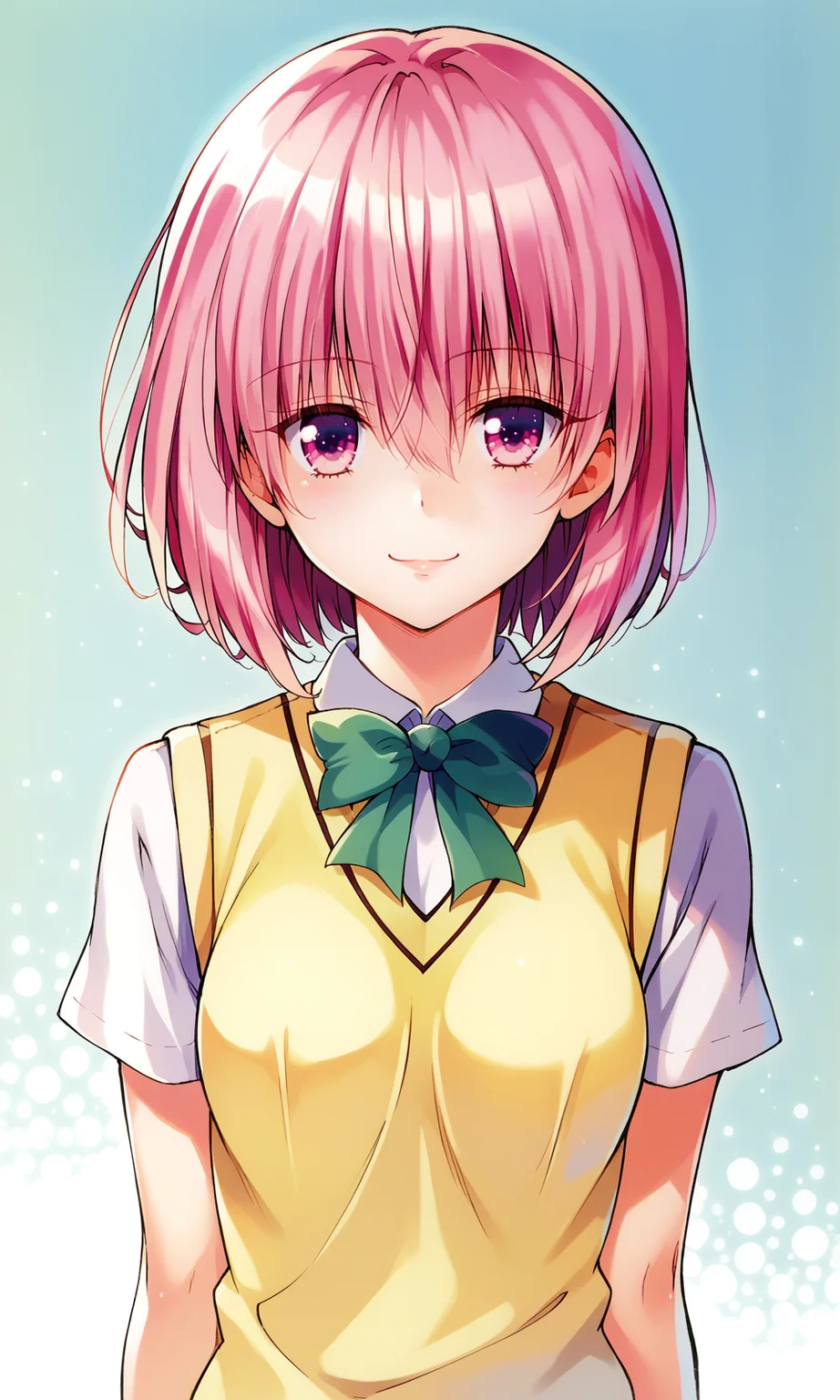 YabukiKentarou, to love-ru, score_9, score_8_up, score_7_up BREAK
momo velia deviluke, pink eyes, pink hair, short hair, medium breast, school uniform, skirt, sweater vest, looking at viewer, light smile, upper body,
masterpiece, best quality, very aesthetic, absurdres, straight-on,
<lora:YabukiKentarou_Pony_V2:1>