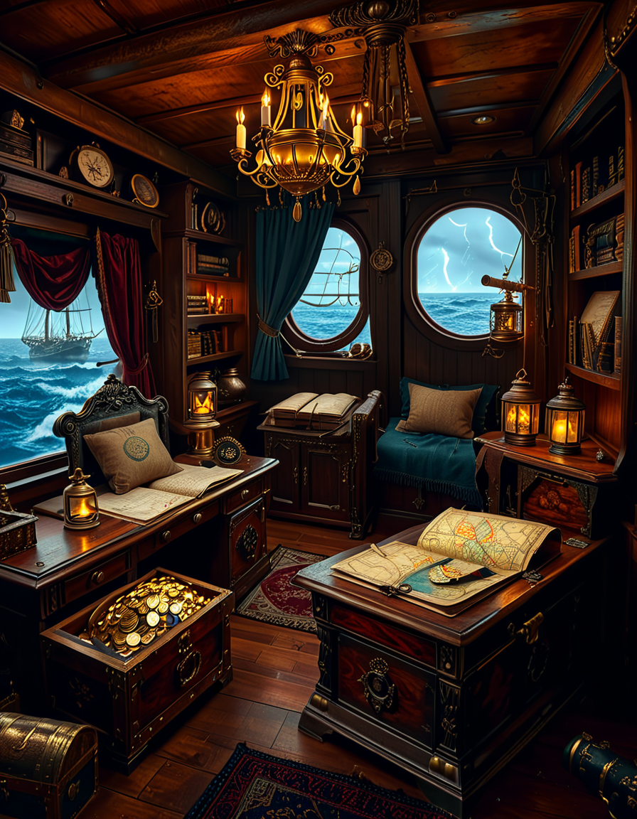 <lora:Captain_c4b1n:1>,Captain c4b1n
A richly detailed pirate captain's cabin aboard an 18th-century wooden ship. The room is dimly lit by flickering candlelight and a hanging oil lantern, casting warm golden glows on the dark oak walls. An ornate wooden desk sits at the center, covered with ancient, weathered maps, a golden compass, and scattered quills with ink bottles. A large, curved window at the back reveals the vast ocean under a moody, cloudy sky, with faint moonlight seeping in.
To the right, a massive wooden bookshelf filled with leather-bound books, nautical charts, and mysterious artifacts, some covered in dust. On the left, a polished mahogany chest with intricate carvings, partially open, revealing gold coins and shimmering gemstones. A grand captain's chair, upholstered in deep red velvet, sits behind the desk, exuding authority and power.
The wooden floor is rugged and slightly uneven, adorned with an old tattered rug. A cutlass and a flintlock pistol rest casually on the desk, while a pirate hat with a large feather hangs on the wall beside a mounted shipâs wheel. The atmosphere is both eerie and majestic, evoking the spirit of adventure and the mysteries of the sea.
<lora:SDXLFaeTastic2400:0.4> <lora:extremely_detailed:0.4> extremely detailed, Masterpiece,best quality,hi res,8k,hi res,8k,award winning,(sharp focus, intricate, highly detailed),