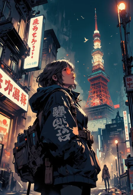 Mh1$AgThS2, intricate linework with expressive contrasts, soft lighting with dynamic highlights, Japanese woman in urban streetwear, oversized jacket, cyberpunk tinted sunglasses, standing on a Tokyo street looking up at Tokyo Tower, cityscape, night, silhouetted, directional light from streetlamps. Impressionistic, ligne claire outlines for clarity and structure, In the style of ff-td