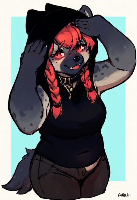 score_9, score_8_up, score_7_up, score_6_up, anthro, face shot, anthropomorphic black hyena, chubby, female, black collar, 1girl, black fur, (braid:1.3), red eyes, (black hood:1.3), black sleeveless, black work pants, bleh meme, hands on own head