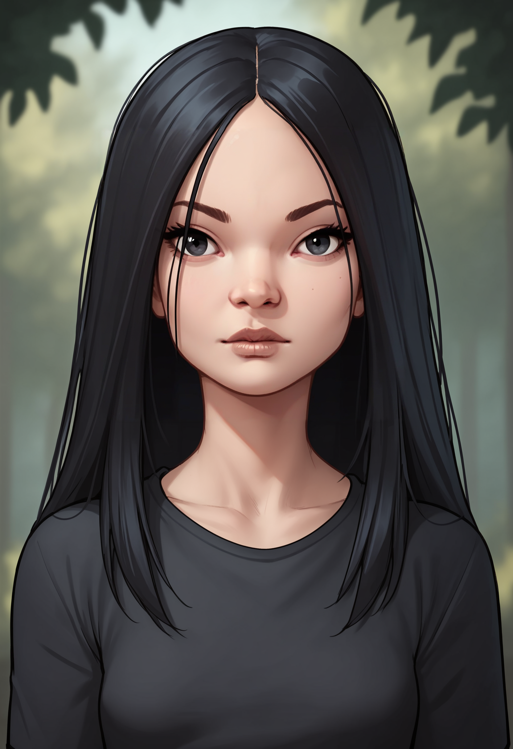 score_9, score_8_up, score_7_up, score_6_up, score_5_up, score_4_up, source_western, source_cartoon, 1girl, <lora:TheFemale:0.7> small breasts, black eyes, black hair, long hair, black shirt, looking at viewer, upper body, 
forest background, blurry background,