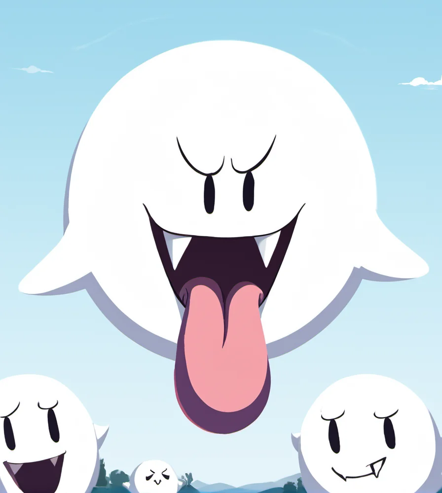 score_9, score_8_up, score_7_up, high res:1.5, digital media (artwork), lineless:1.5, cool colors, cool lighting, b00, ghost, simple eyes, fangs, open mouth, big tongue, tongue out, smile, group, meadow scenery, <lora:Boo_and_friends_-_Super_Mario:1>