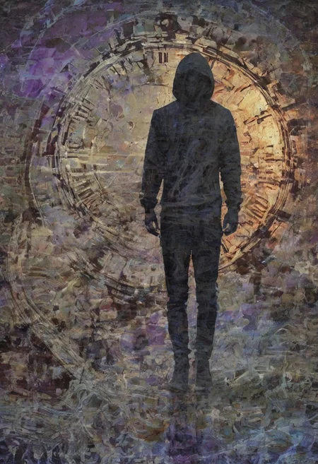 a world inside me, street, epic fantasy, dark fantasy, gritty, real, graffiti, long hair, (((silhouette))), expressionism art, fractals, stopwatch, deep purple and gray, at dusk, cinecolor, (dimmed colors:1.1), hdr, mentixis, linquivera